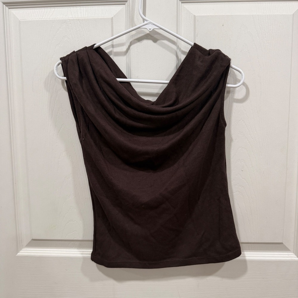 Zara Brown Cowl Neck Sleeveless Knit Top Draped Tank S 2298/523/700